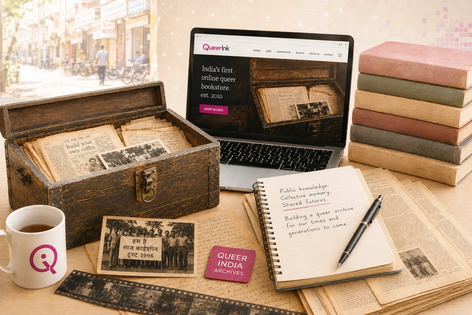 A wooden box of old letters and photographs beside a laptop showing the early Queer Ink website, 'India's first online queer bookstore, est. 2010', with a Queer Ink mug, a notebook, film negatives and a stack of books.