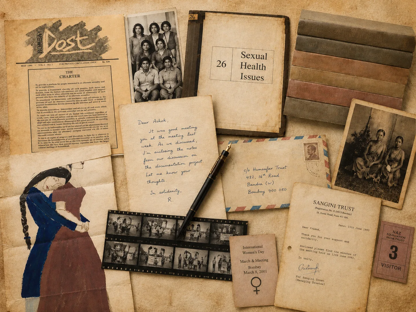 Archving Hero Archival materials laid out on a table: an issue of Bombay Dost, old group photographs, a handwritten letter, a 'Sexual Health Issues' file, an envelope, a Sangini Trust letter, film negatives and an illustration of two women embracing.