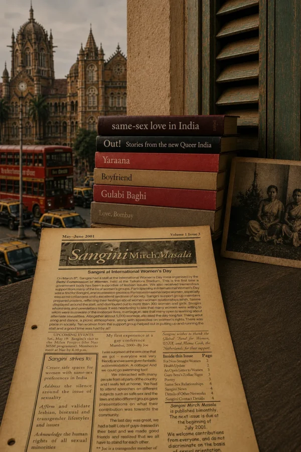 Queer Ink books and archives A stack of queer Indian books, including Out! Stories from the New Queer India, Yaraana, Boyfriend and Gulabi Baghi, beside a May–June 2001 issue of the Sangini newsletter and an old photograph of two women, on a Mumbai windowsill overlooking Chhatrapati Shivaji Maharaj Terminus.