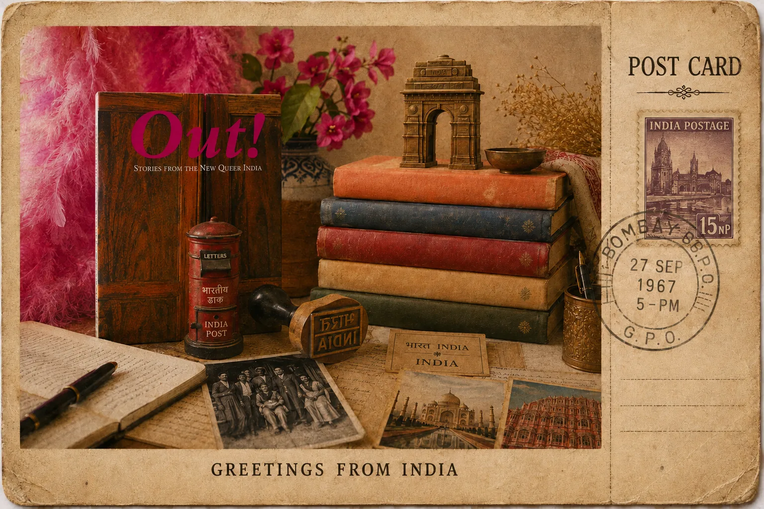 Illustrated vintage postcard reading 'Greetings from India', showing a copy of Out! Stories from the New Queer India, a red Indian post box, a stack of old books, a fountain pen and old photographs.